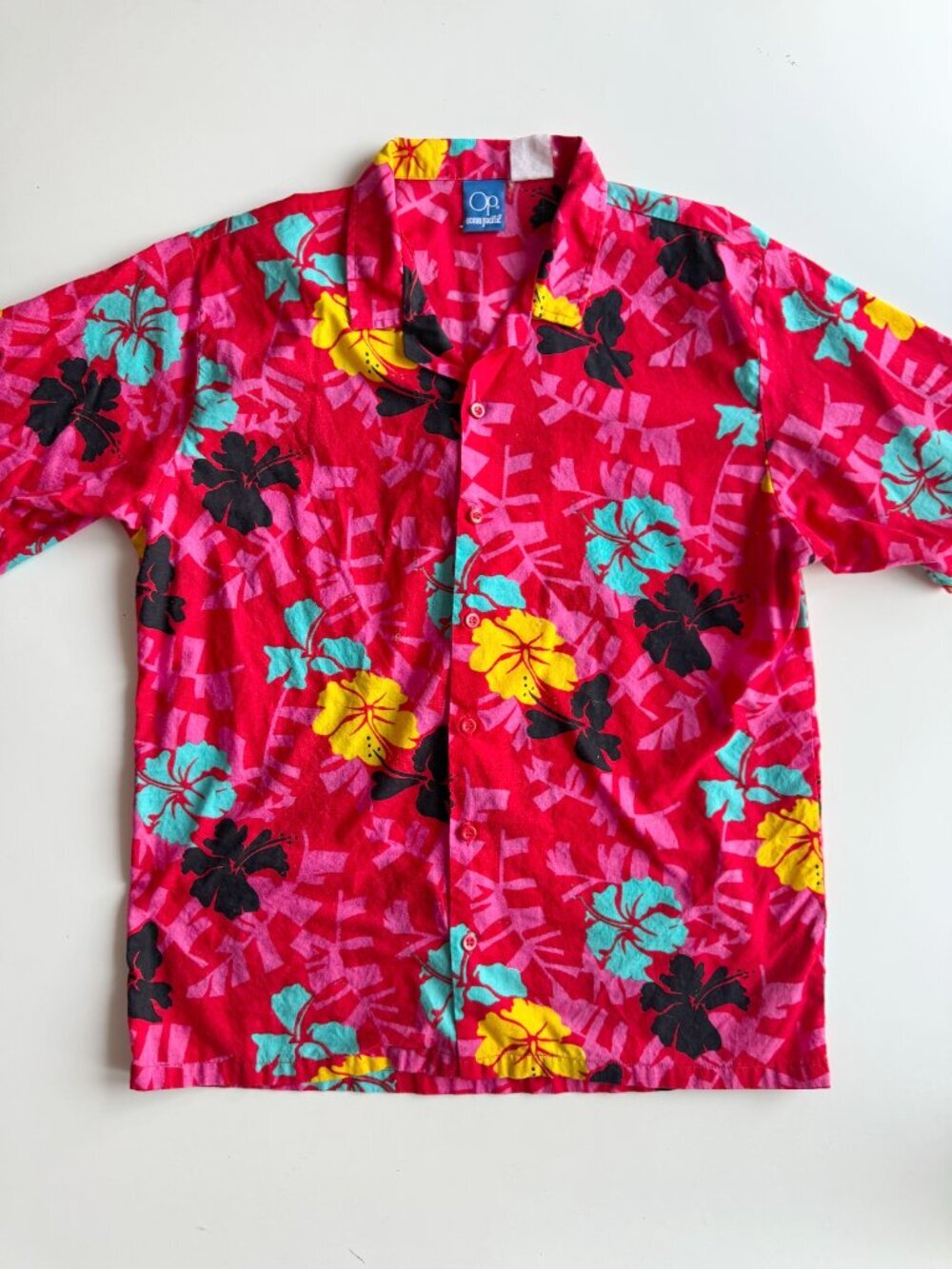 Vintage OP OCEAN PACIFIC Red Floral Cotton Short Sleeve Hawaiian Shirt, Size L - Picture 3 of 8